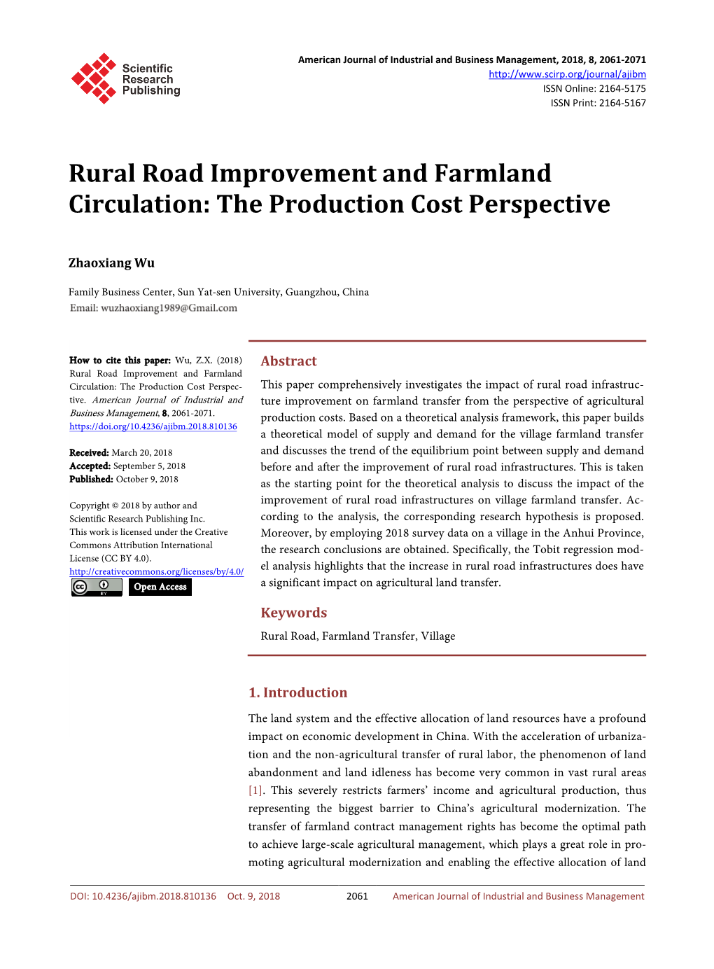 Rural Road Improvement and Farmland Circulation: the Production Cost Perspective