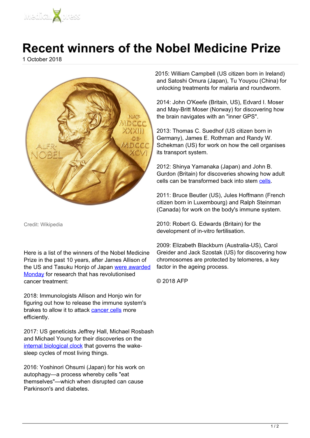 Recent Winners of the Nobel Medicine Prize 1 October 2018