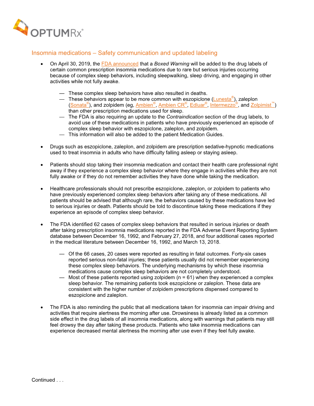 Insomnia Medications – Safety Communication and Updated Labeling