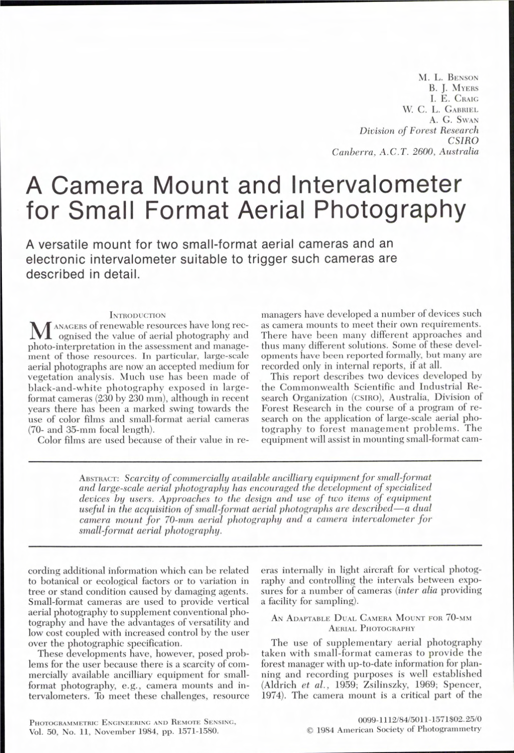 A Camera Mount and Lntervalometer for Small Format Aerial Photography