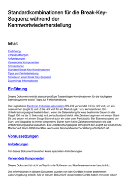 Standardkombinationen Für Die Break-Key- Sequenz Während Der Kennwortwiederherstellung