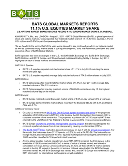 Bats Global Markets Reports 11.1% U.S. Equities Market Share U.S