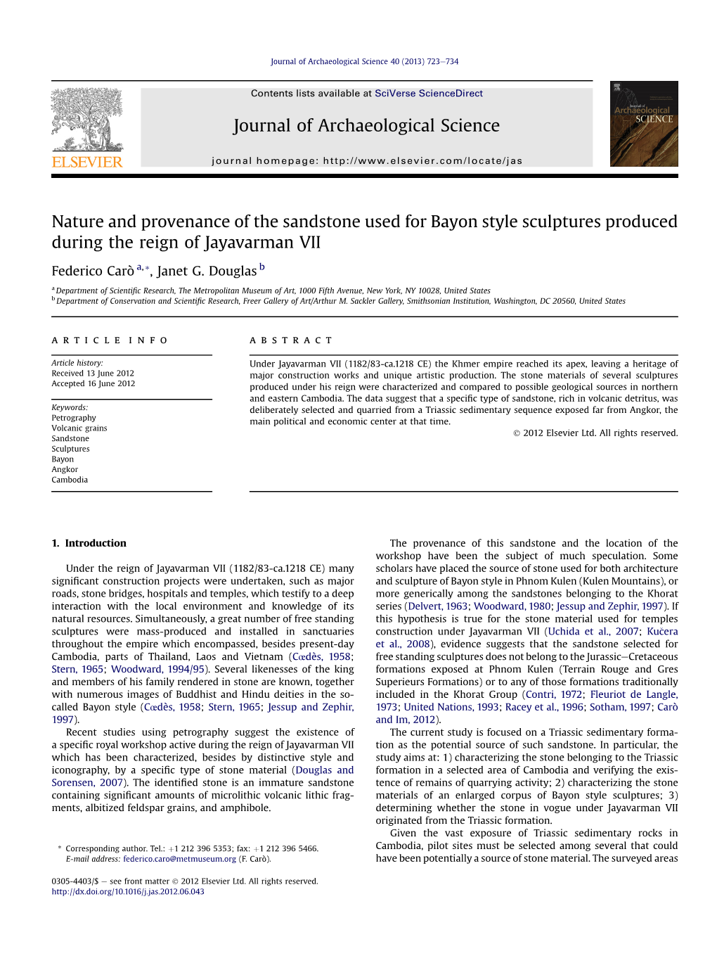 Nature and Provenance of the Sandstone Used for Bayon Style Sculptures Produced During the Reign of Jayavarman VII