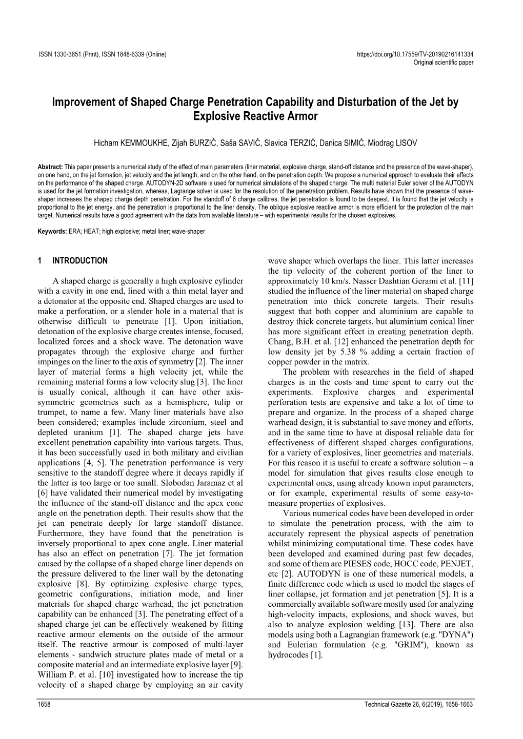 Improvement of Shaped Charge Penetration Capability and Disturbation of the Jet by Explosive Reactive Armor