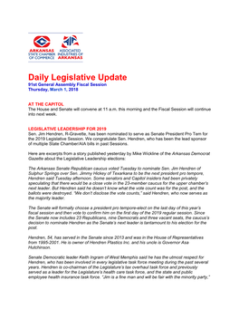 Daily Legislative Update 91St General Assembly Fiscal Session Thursday, March 1, 2018