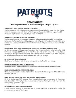 Patriots at Philadelphia Game Notes