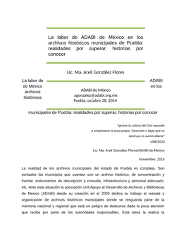 La Labor De ADABI De México En Los Archivos Históricos Municipales De Puebla: Realidades Por Superar, Historias Por Conocer