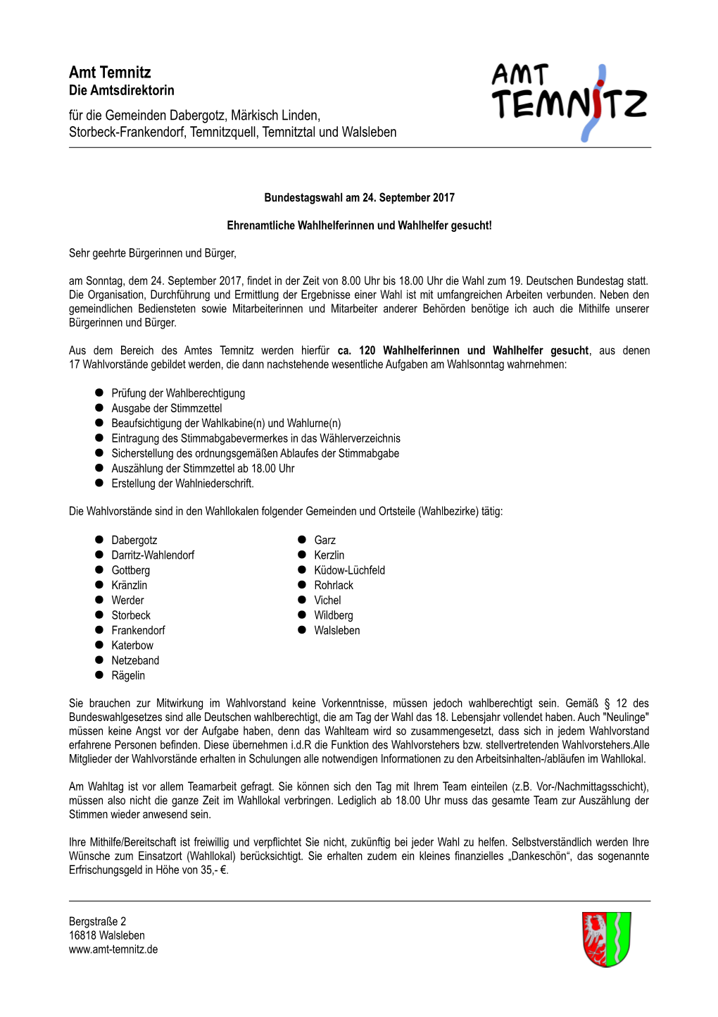 Amt Temnitz Die Amtsdirektorin Für Die Gemeinden Dabergotz, Märkisch Linden, Storbeck-Frankendorf, Temnitzquell, Temnitztal Und Walsleben