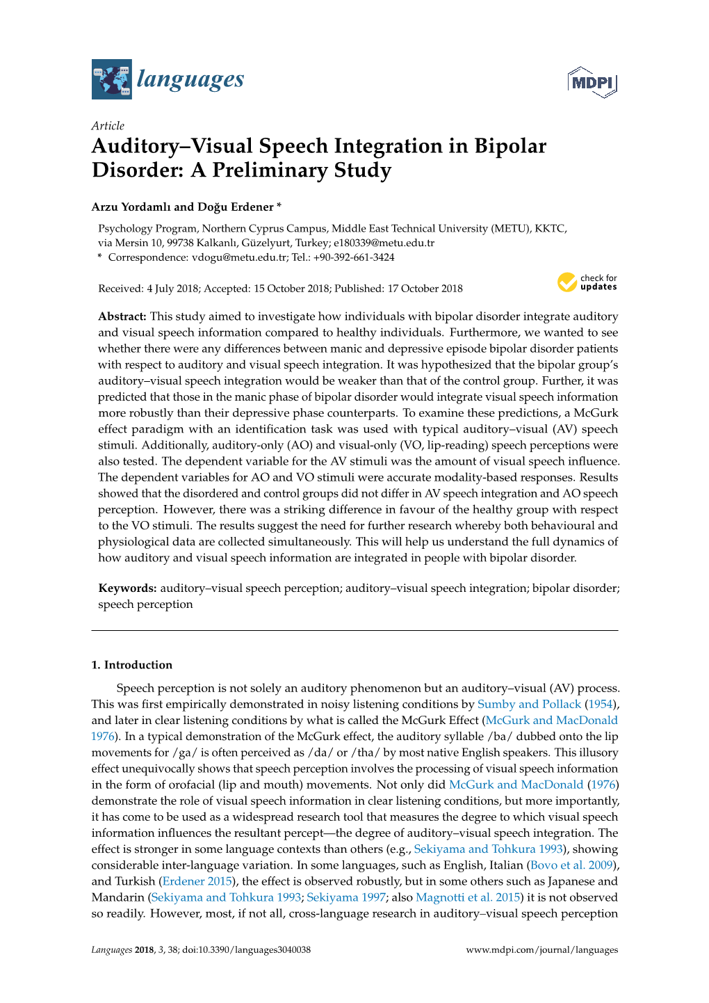 Auditory–Visual Speech Integration in Bipolar Disorder: a Preliminary Study