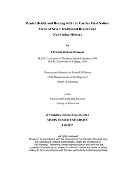 Mental Health and Healing with the Carrier First Nation: Views of Seven Traditional Healers and Knowledge Holders