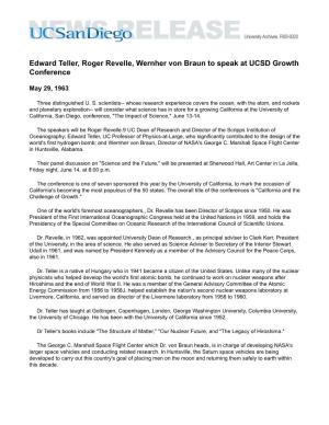 Edward Teller, Roger Revelle, Wernher Von Braun to Speak at UCSD Growth Conference