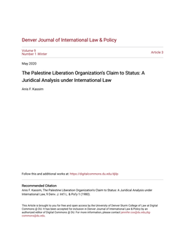 The Palestine Liberation Organization's Claim to Status: a Juridical Analysis Under International Law