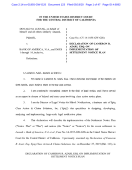Declaration of Cameron R. Azari, Esq. on Implementation of Settlement Notice Plan in the United States District Court for the C