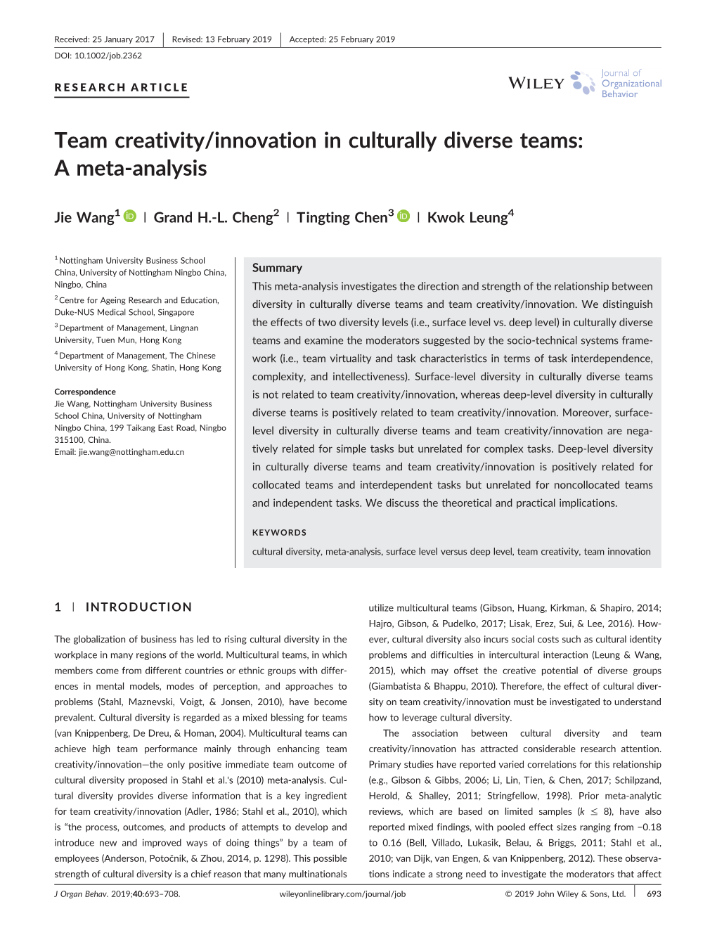 Team Creativity/Innovation in Culturally Diverse Teams: a Meta-Analysis