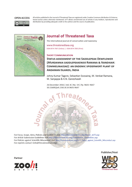 Status Assessment of the Saddlepeak Dewflower (Murdannfa Saddlepeakensfs Ramana & Nandfkar: Commelfnaceae): an Endemfc Spfderwort Plant of Andaman Islands, Indfa