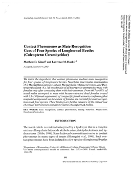 Contact Pheromones As Mate Recognition Cues of Four Species of Longhorned Beetles (Coleoptera: Cerambycidae)