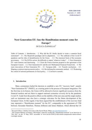 Next Generation EU: Has the Hamiltonian Moment Come for Europe? DI LUCA LIONELLO*