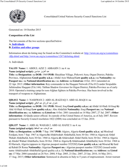 Consolidated UN Security Council Sanctions List Last Updated on 14 October 2015