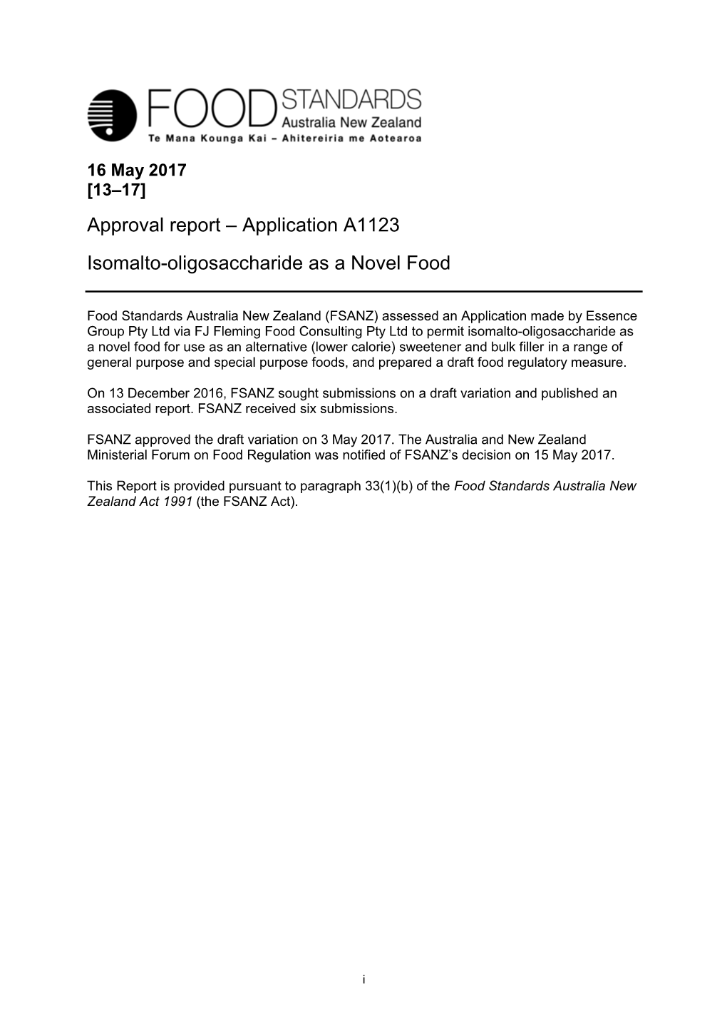 Approval Report – Application A1123 Isomalto-Oligosaccharide As A