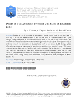 Design of 8-Bit Arithmetic Processor Unit Based on Reversible Logic by A