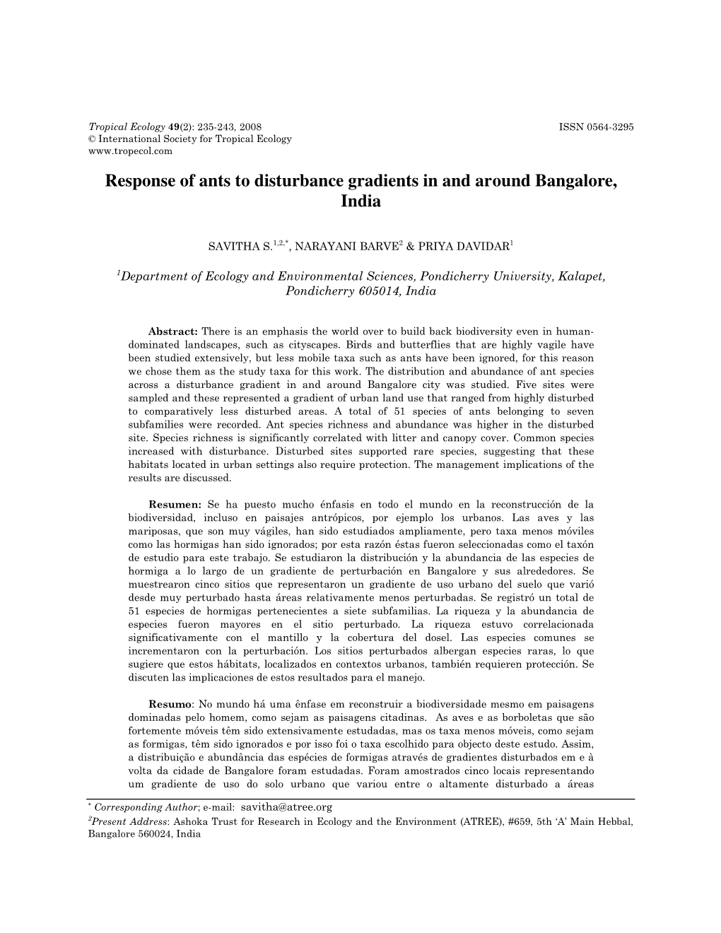 Response of Ants to Disturbance Gradients in and Around Bangalore, India