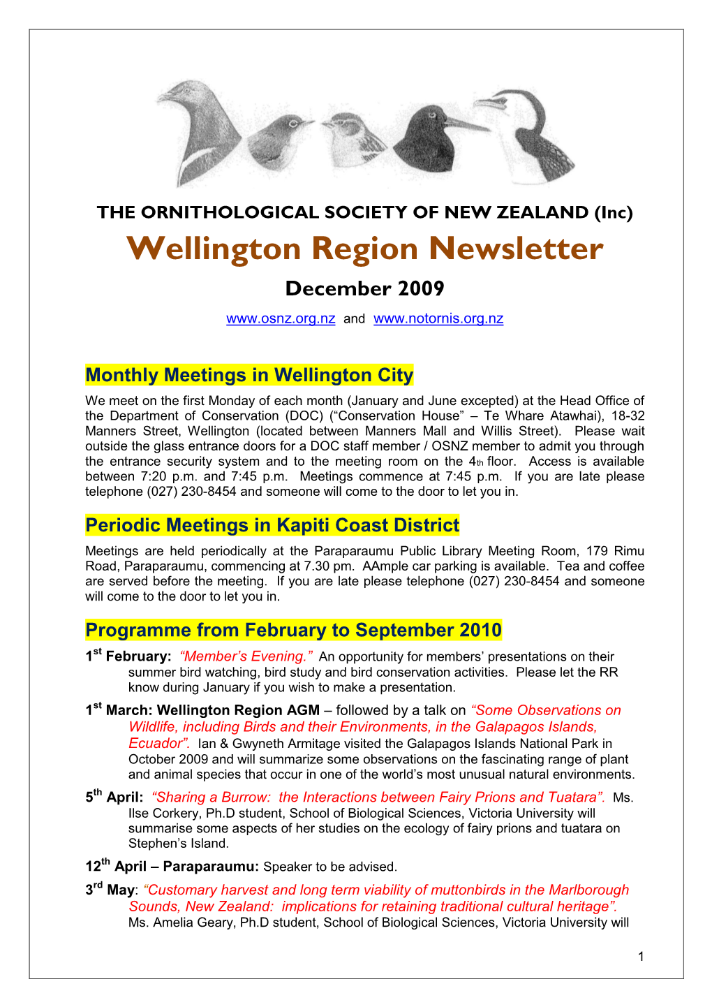ORNITHOLOGICAL SOCIETY of NEW ZEALAND (Inc) Wellington Region Newsletter December 2009 And