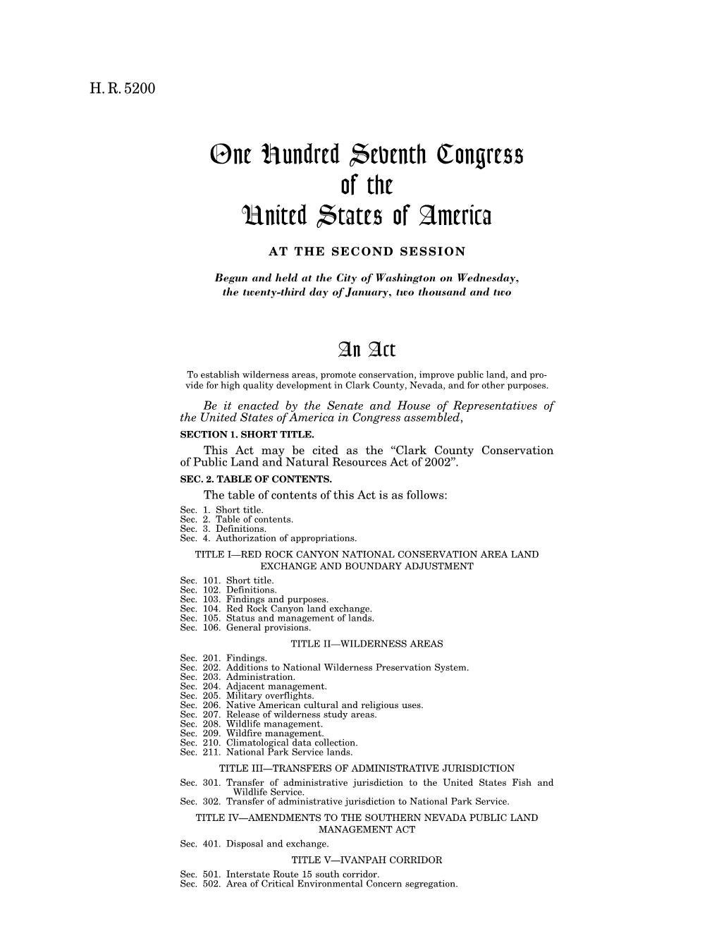 One Hundred Seventh Congress of the United States of America