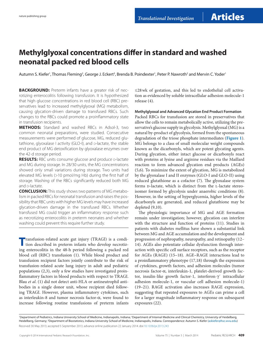 Methylglyoxal Concentrations Differ in Standard and Washed Neonatal Packed Red Blood Cells