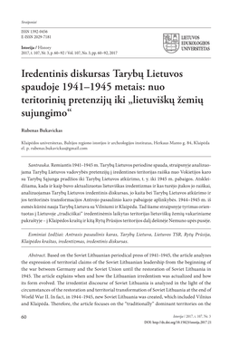 Iredentinis Diskursas Tarybų Lietuvos Spaudoje 1941–1945 Metais: Nuo Teritorinių Pretenzijų Iki „Lietuviškų Žemių Sujungimo“