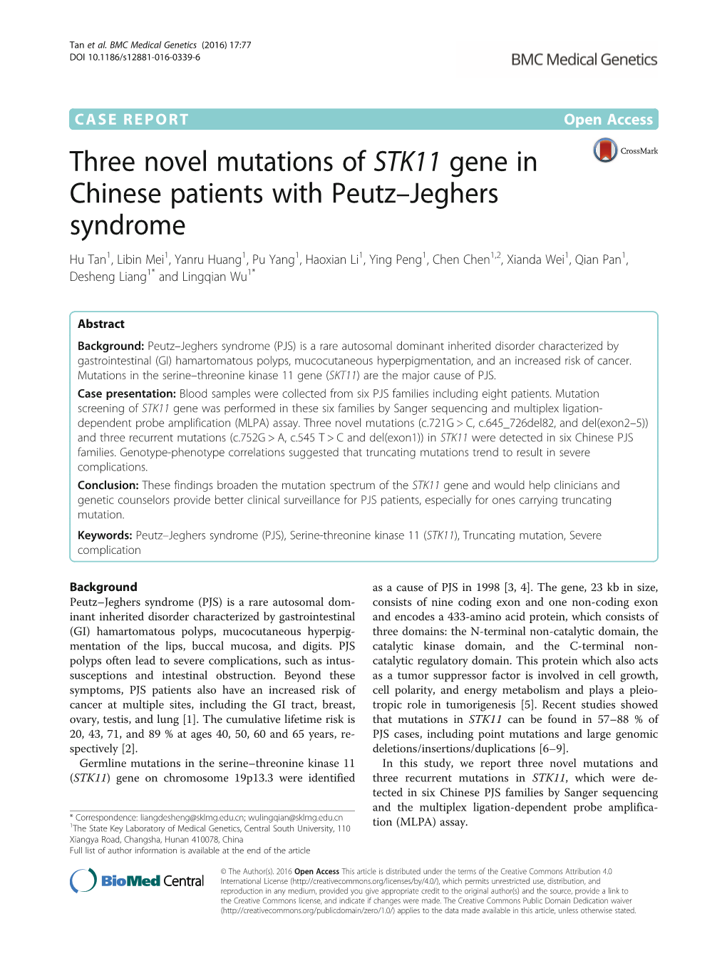 Three Novel Mutations of STK11 Gene in Chinese Patients with Peutz
