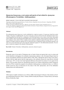 Zootaxa, Opamyrma Hungvuong, a New Genus And