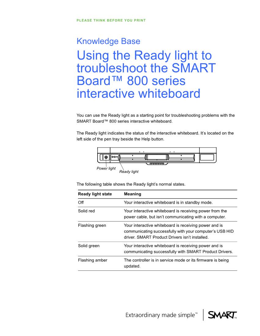 Using the Ready Light to Troubleshoot the SMART Board™ 800 Series Interactive Whiteboard