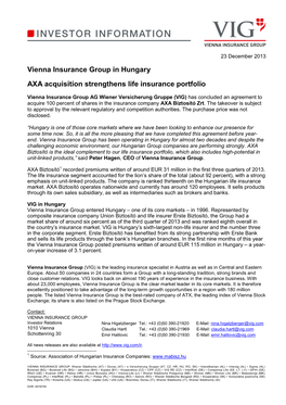 Vienna Insurance Group in Hungary AXA Acquisition Strengthens Life