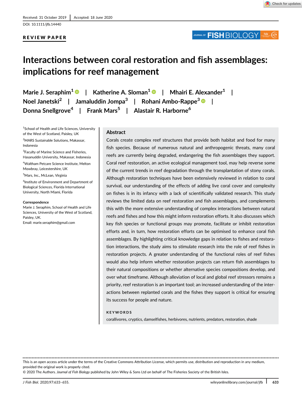 Interactions Between Coral Restoration and Fish Assemblages: Implications for Reef Management