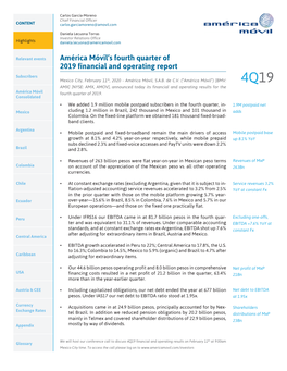 América Móvil's Fourth Quarter of 2019 Financial and Operating Report