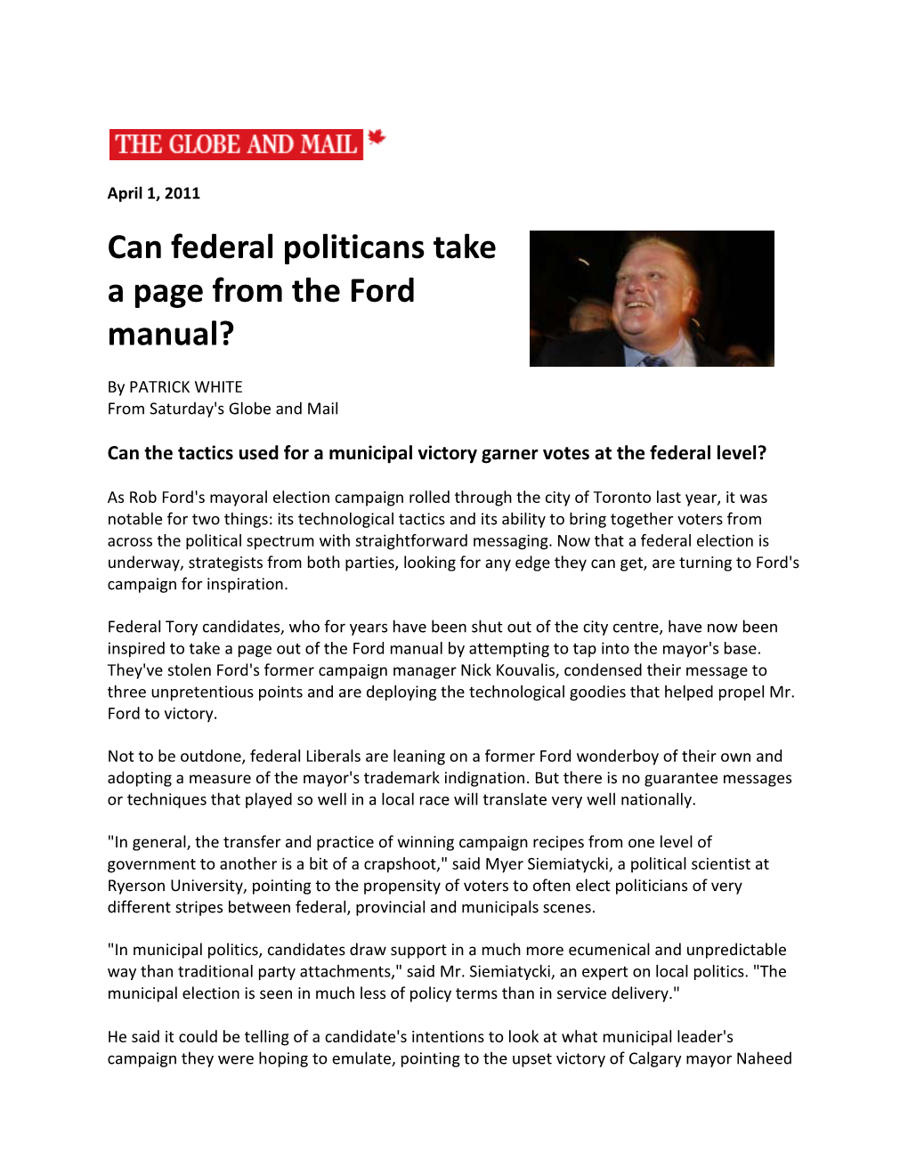 Can Federal Politicans Take a Page from the Ford Manual?