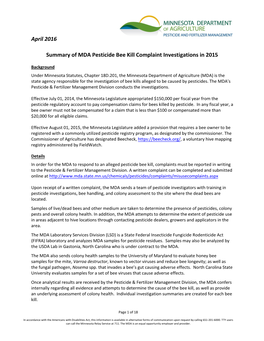 Summary of MDA Pesticide Bee Kill Complaint Investigations in 2015