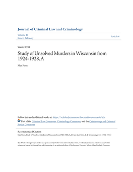Study of Unsolved Murders in Wisconsin from 1924-1928, a Max Stern