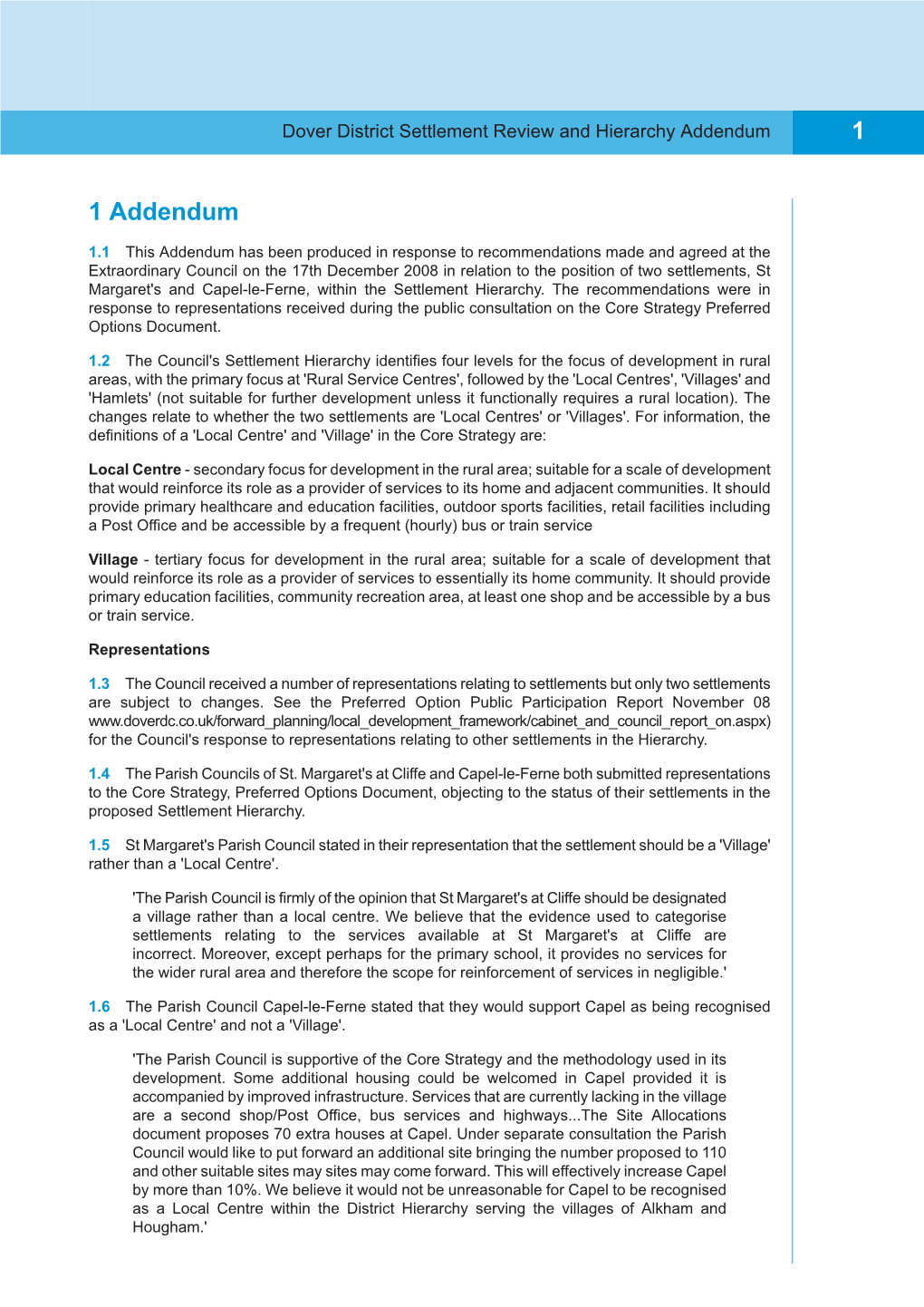 Addendum to the Dover District Settlement Review Hierarchy