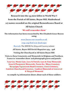 Research Into the 133 Men Fallen in World War I from the Parish of All
