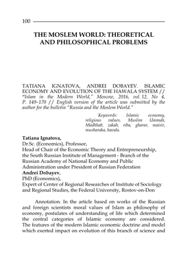 The Moslem World: Theoretical and Philosophical Problems