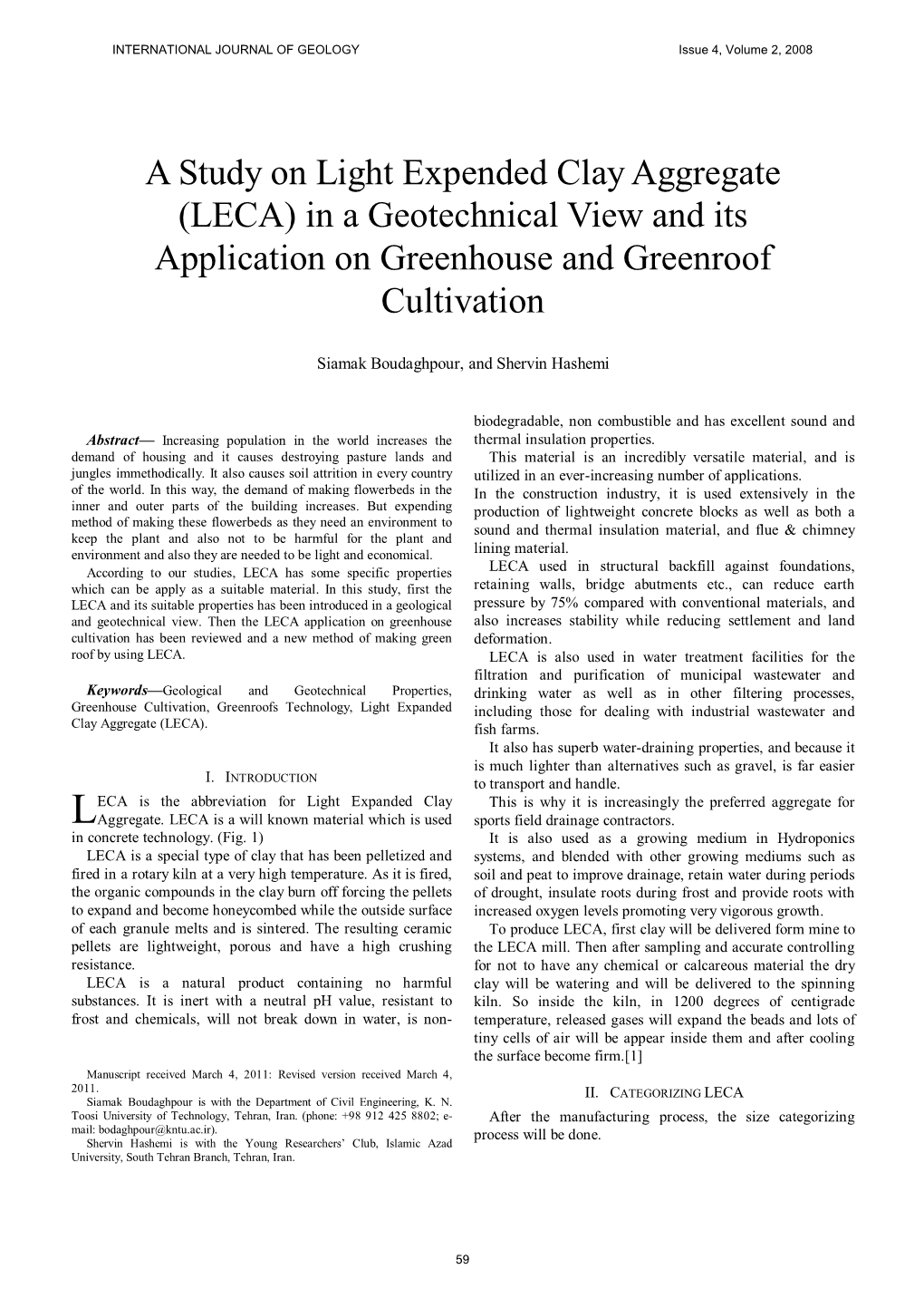 LECA) in a Geotechnical View and Its Application on Greenhouse and Greenroof Cultivation