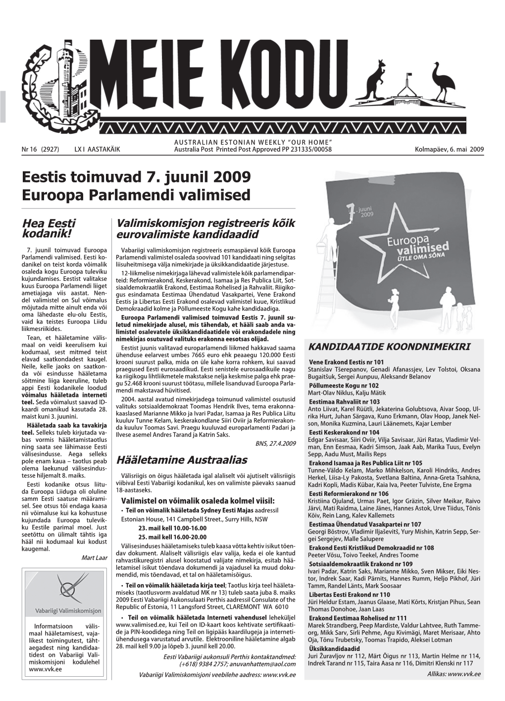 Eestis Toimuvad 7. Juunil 2009 Euroopa Parlamendi Valimised