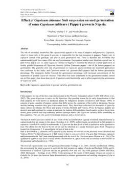 Effect of Capsicum Chinense Fruit Suspension on Seed Germination of Some Capsicum Cultivars ( Pepper) Grown in Nigeria