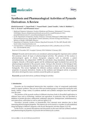 Synthesis and Pharmacological Activities of Pyrazole Derivatives: a Review