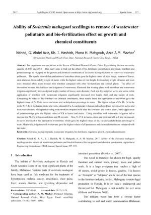 Ability of Swietenia Mahagoni Seedlings to Remove of Wastewater Pollutants and Bio-Fertilization Effect on Growth and Chemical Constituents