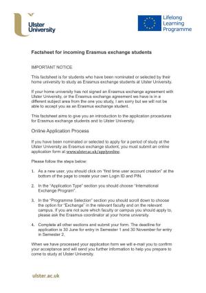 Factsheet for Incoming Erasmus Exchange Students Online