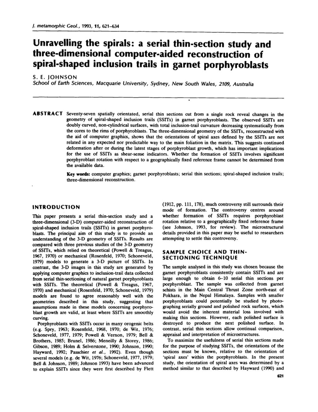 Unravelling the Spirals: a Serial Thin-Section Study and Three-Dimensional Computer-Aided Reconstruction of Spiral-Shaped Inclusion Trails in Garnet Porphyroblasts S