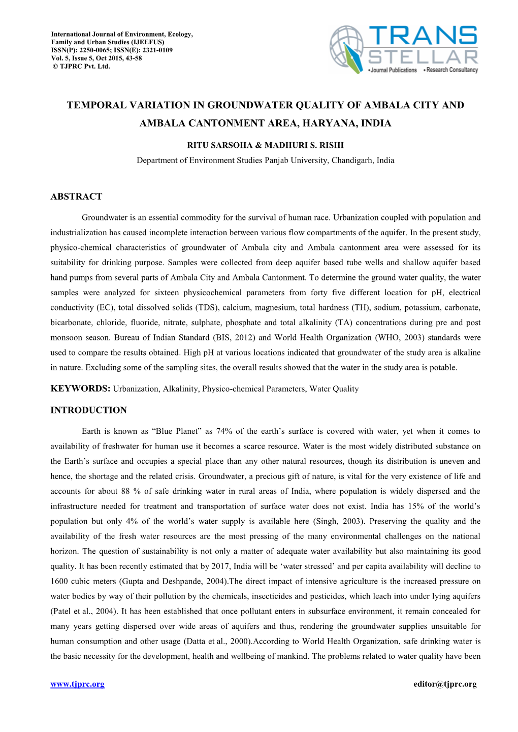 Temporal Variation in Groundwater Quality of Ambala City and Ambala Cantonment Area, Haryana, India