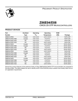 Z86e04/E08 1 Cmos Z8 Otp Microcontrollers